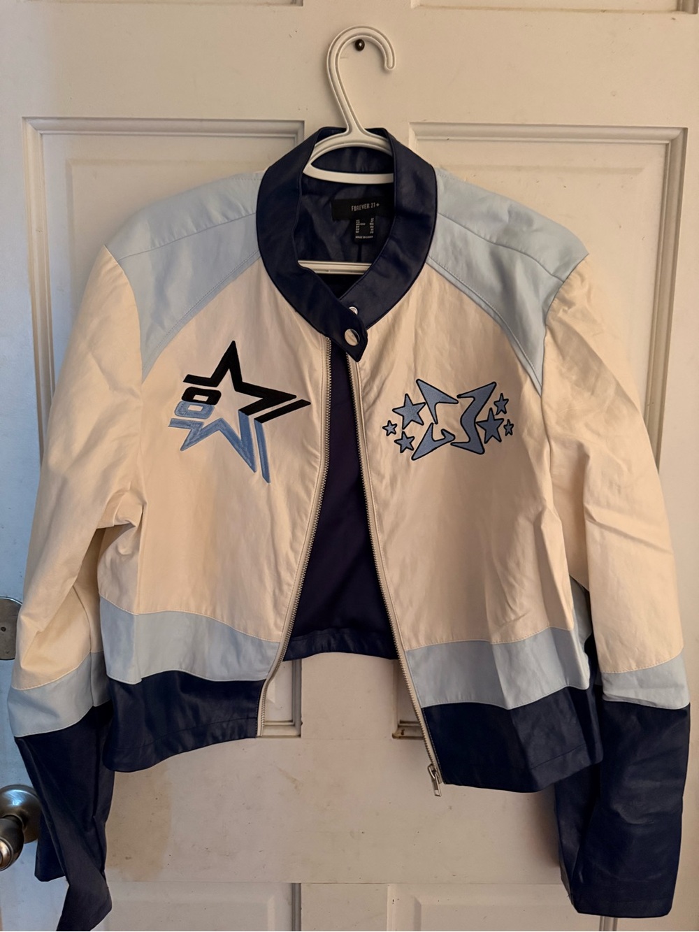 Forever 21 White, Light Blue & Navy Star-Accent Leather Jacket